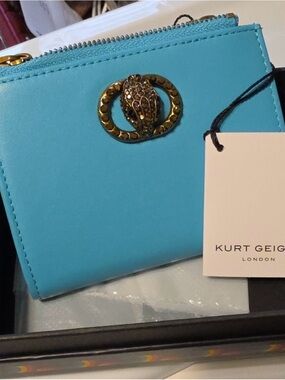 Kurt Geiger Turquoise Leather Zip Wallet with Gold Emblem